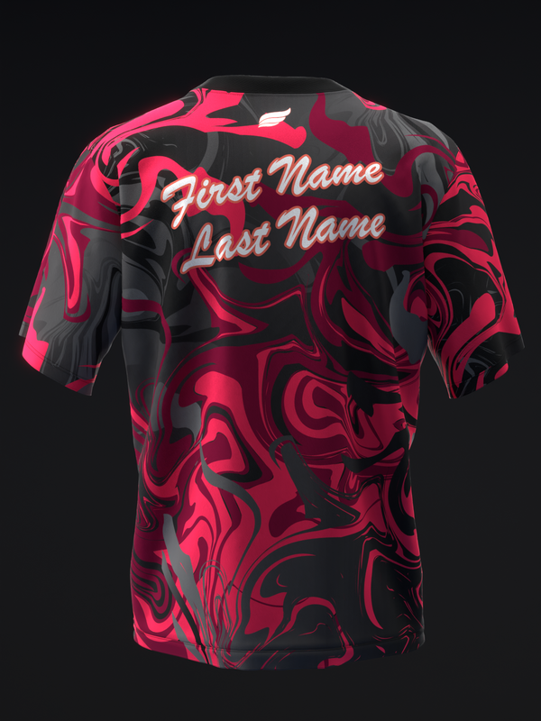 Black bowling jersey with neon pink abstract swirl pattern and personalized name text