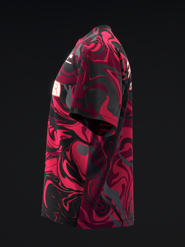 Red and black marble swirl bowling jersey, side view on mannequin