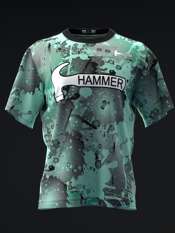 Mint green bowling jersey with black splatter pattern and Hammer logo, front view