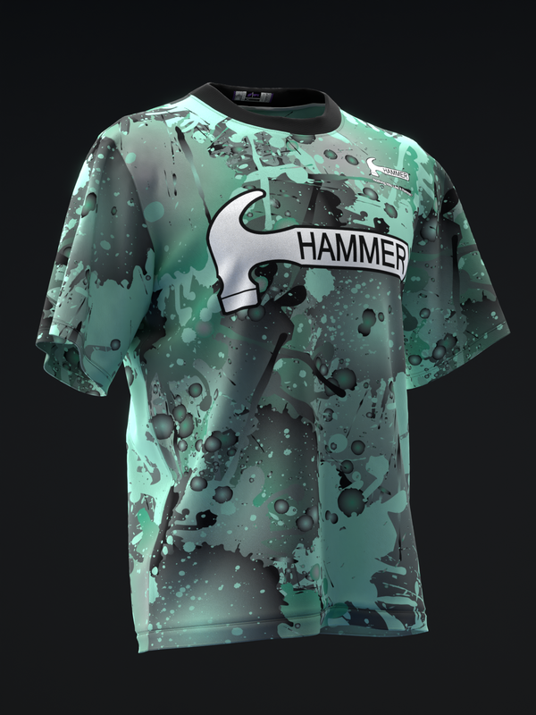 Green and black splatter bowling jersey with hammer graphic on front