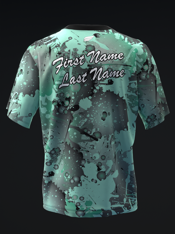 Mint green bowling jersey with black splatter pattern and customizable name text back view