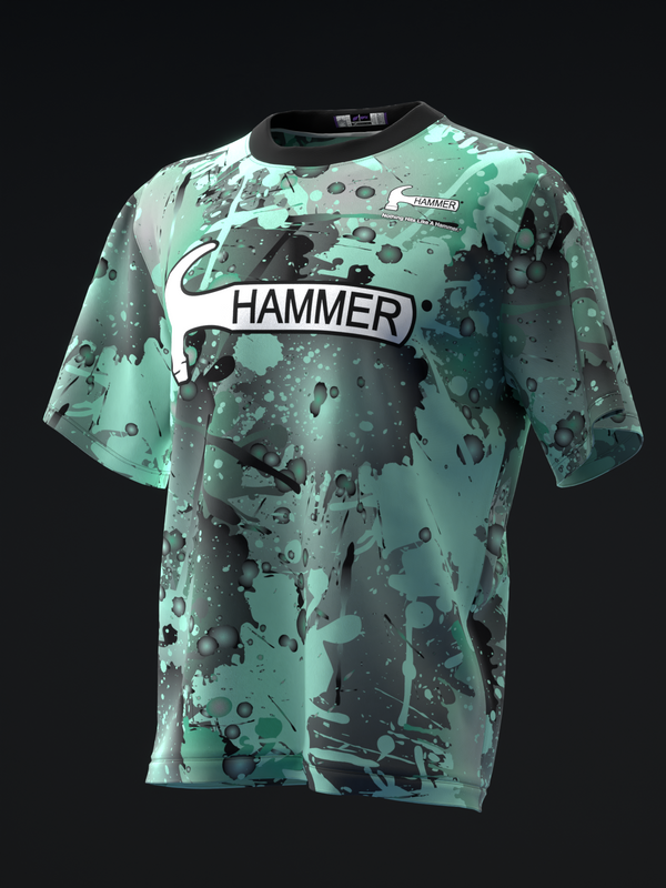 Hammer bowling jersey in mint green with black splatter pattern and white logo band