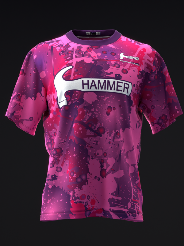 Hammer bowling jersey in purple and pink with splatter pattern design, front view