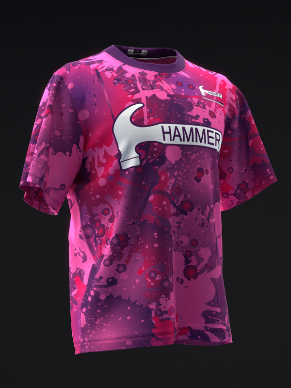 Purple and pink bowling jersey with hammer graphic and splatter pattern design