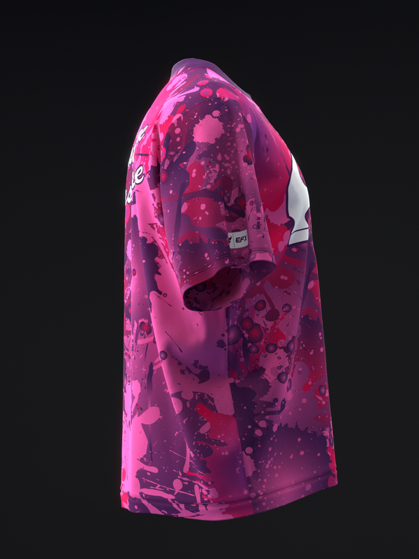 Purple and pink splatter pattern bowling jersey, side view displayed on form