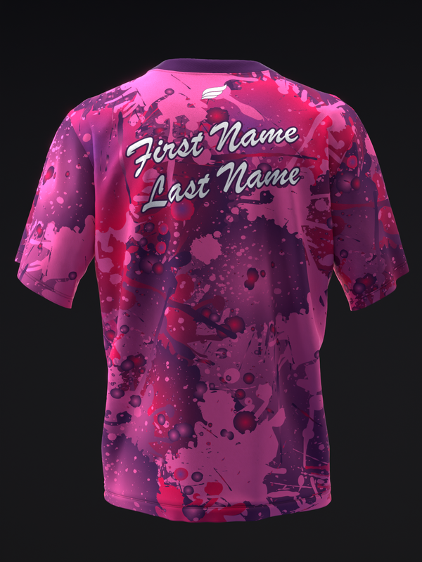 Purple pink bowling jersey with abstract splatter pattern and personalized name text on back