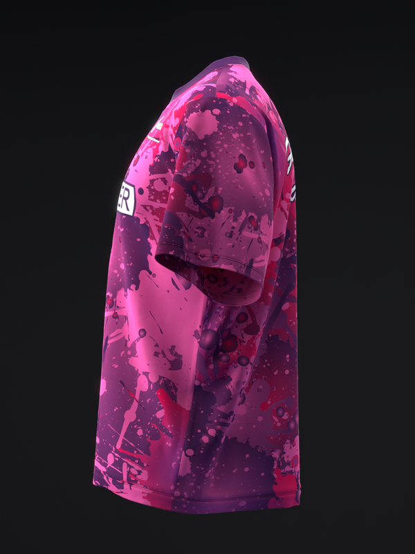 Purple and pink bowling jersey with abstract splatter and paint pattern design