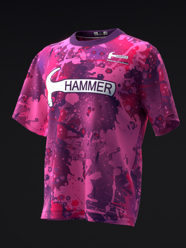 Hammer bowling jersey front view with pink and purple splatter pattern design