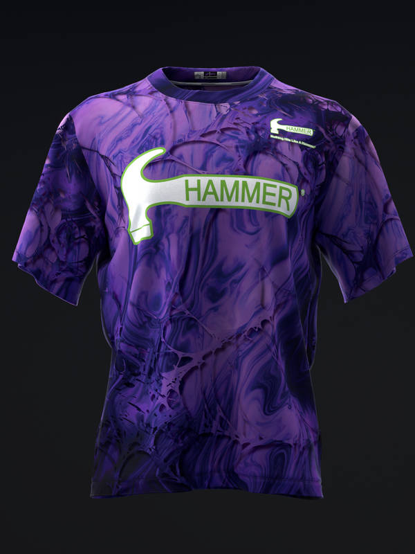 Purple marble patterned bowling jersey with white and lime Hammer logo front view
