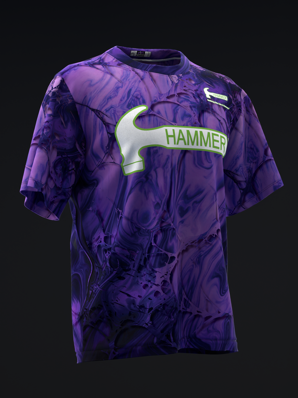 Purple bowling jersey with abstract marbled pattern and Hammer logo on front