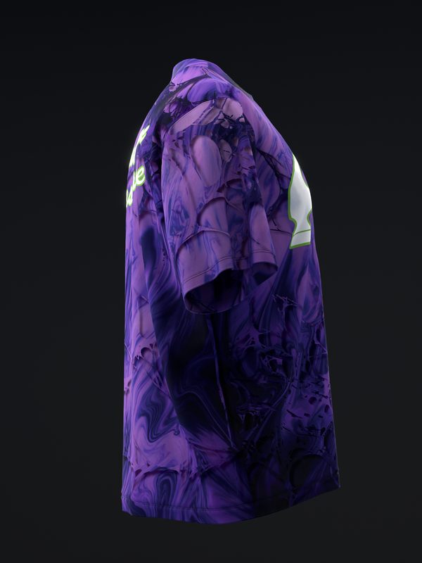 Purple bowling jersey with swirled abstract pattern and neon yellow trim, side view