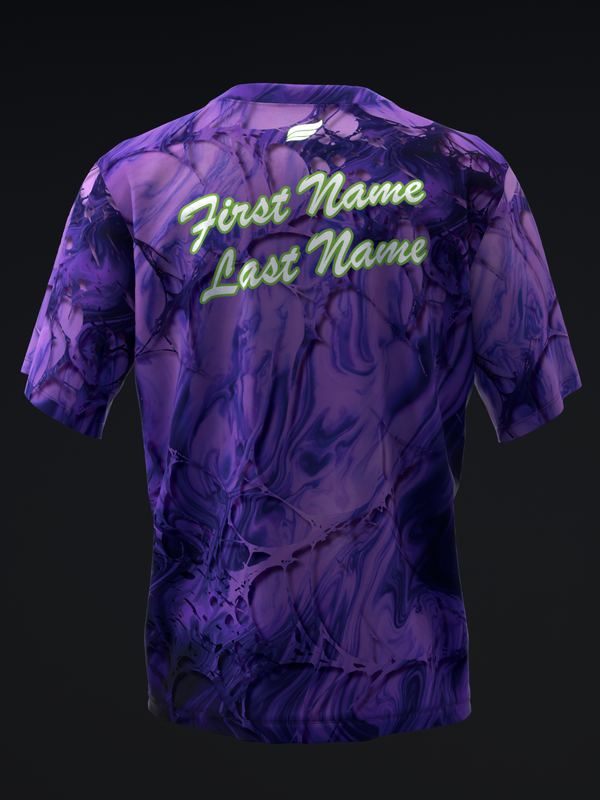 Purple abstract marbled bowling jersey back view with yellow name text