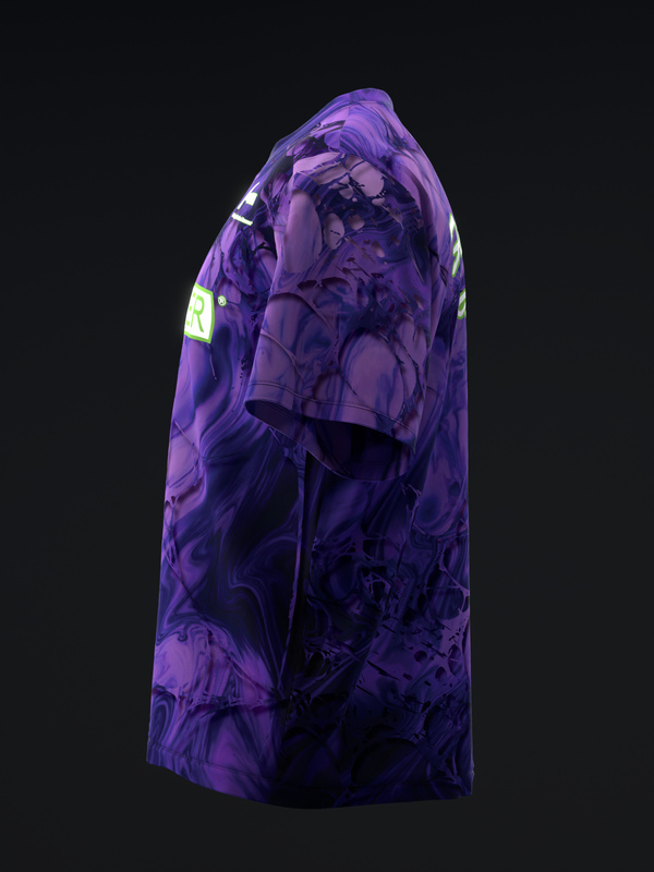 Purple bowling jersey with abstract dark swirl pattern and neon accents, side view