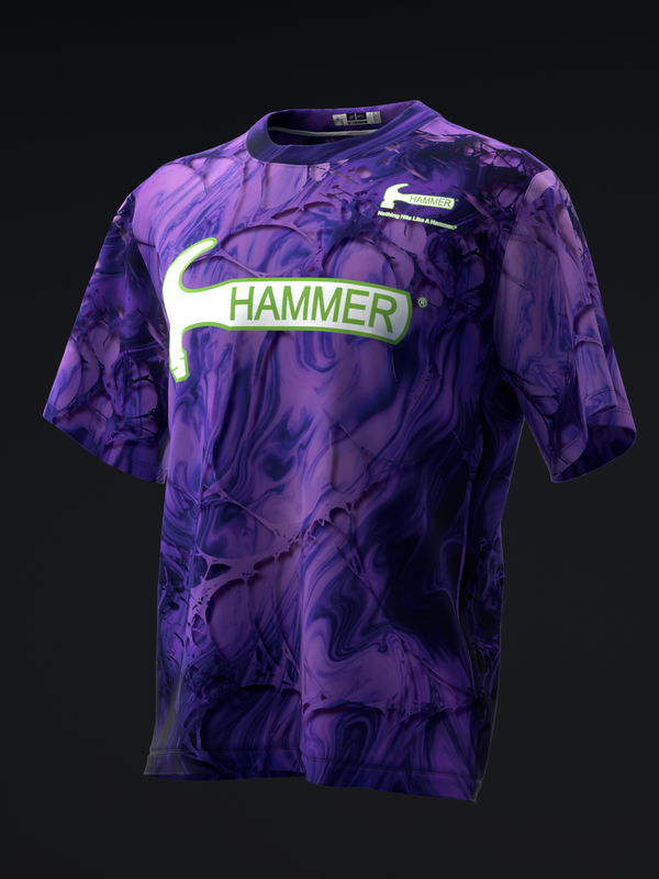 Purple and black marbled bowling jersey with yellow Hammer logo and text