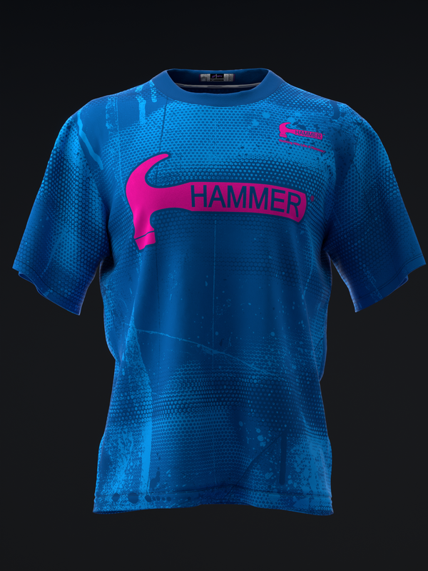 Blue bowling jersey with magenta hammer graphic and Hammer text on front