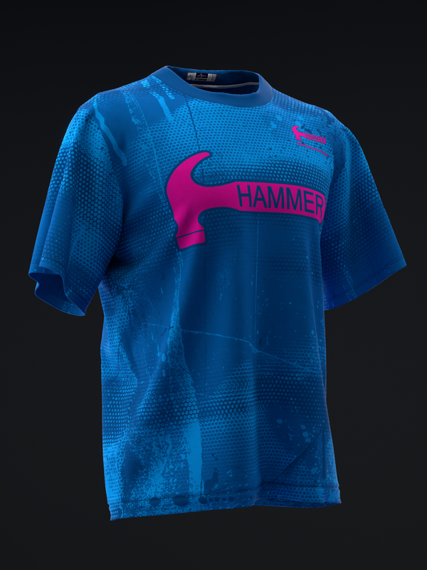 Blue bowling jersey with magenta hammer graphic and text on front