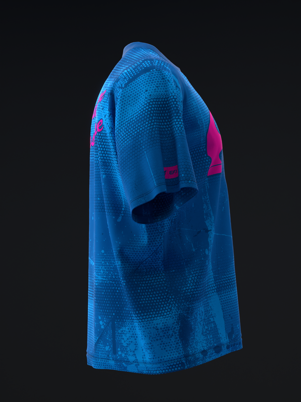Blue bowling jersey with magenta accents and textured dot pattern, side view