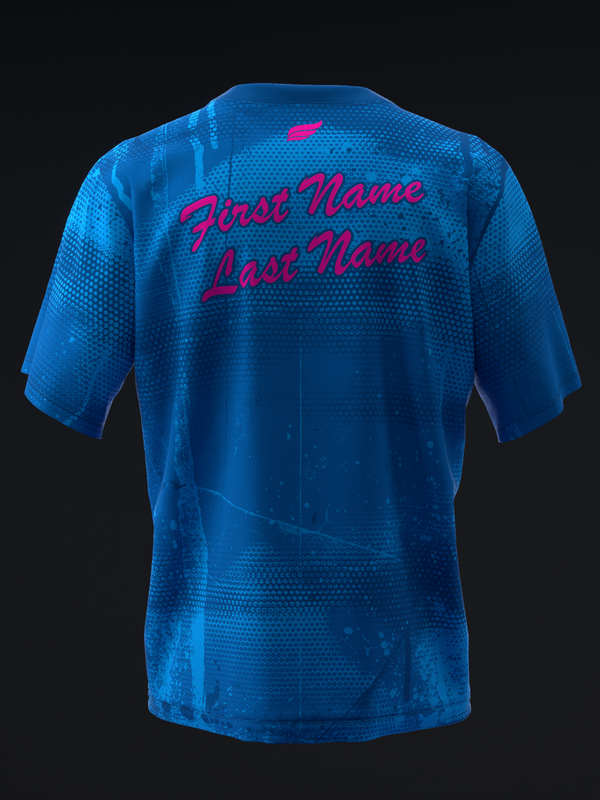 Blue bowling jersey back view with pink personalized name text and small graphic