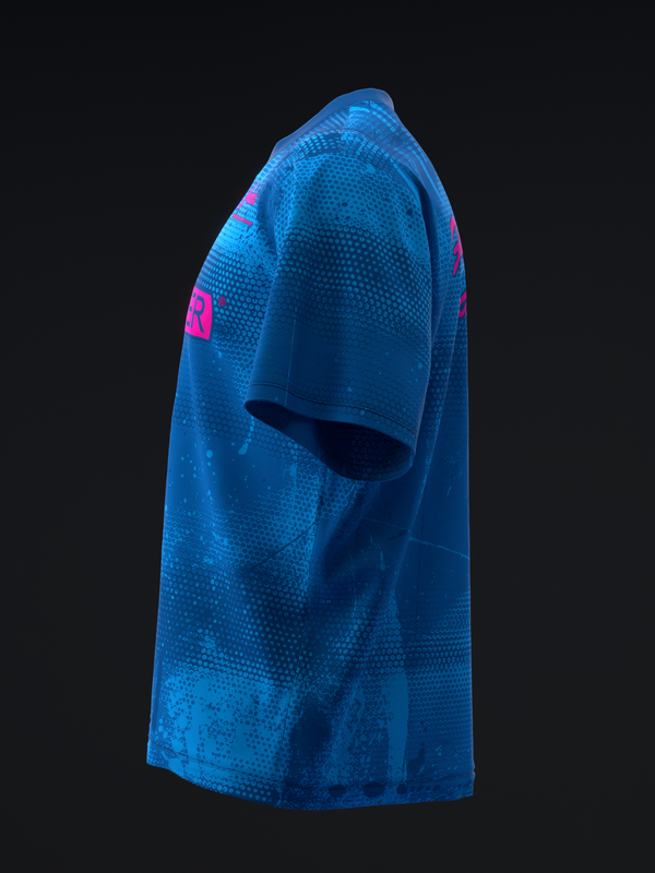 Bright blue bowling jersey with textured dot pattern and pink accents, side view
