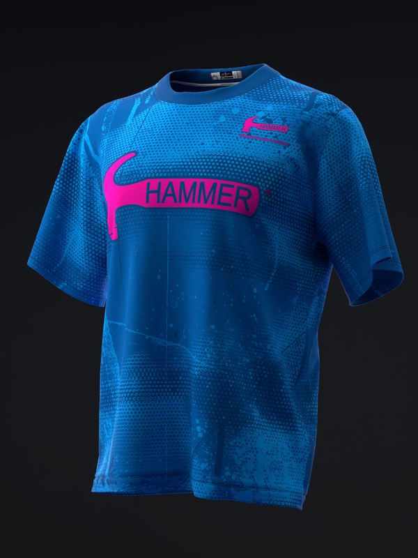 Blue bowling jersey with magenta hammer graphic and text on front