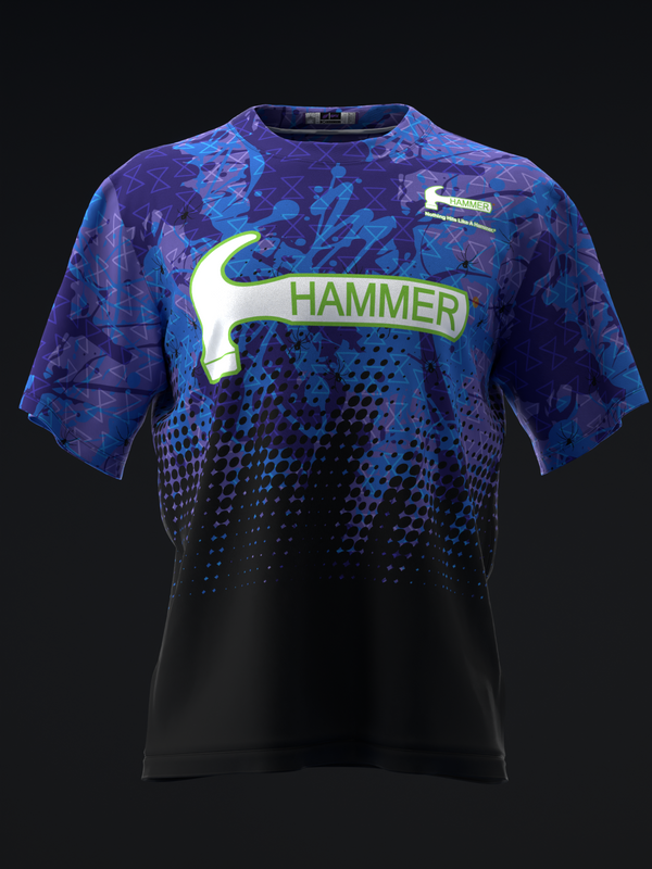 Purple and black bowling jersey with Hammer logo and geometric pattern front view