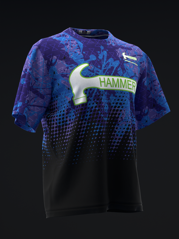 Purple and black bowling jersey with Hammer logo and halftone dot gradient design