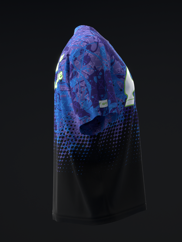 Black and purple bowling jersey with geometric and dot pattern design, back view