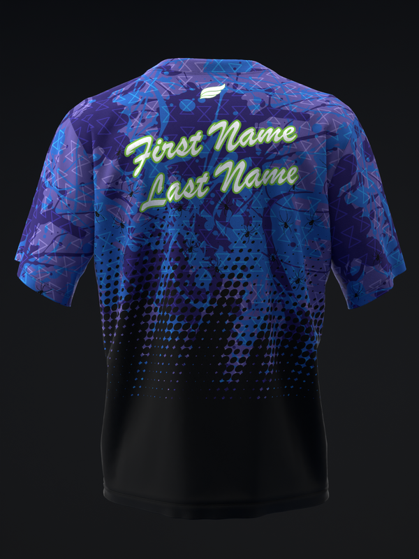 Bowling jersey back view with purple and black gradient, geometric pattern, yellow personalized text