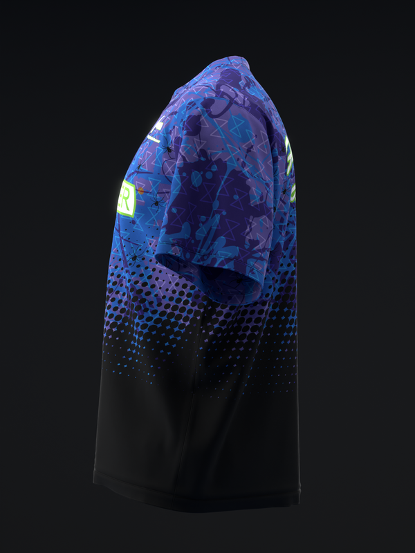 Blue and black bowling jersey with abstract geometric pattern and dot gradient fade