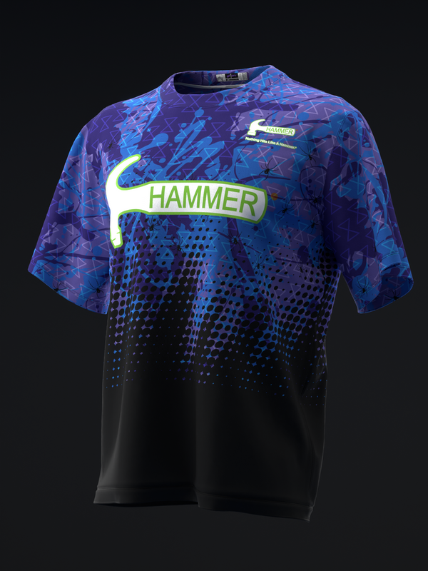 Purple and black bowling jersey with Hammer logo and halftone dot gradient pattern