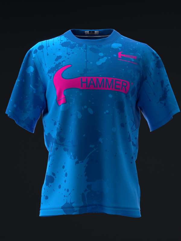 Bright blue bowling jersey with magenta hammer graphic and distressed splatter pattern throughout