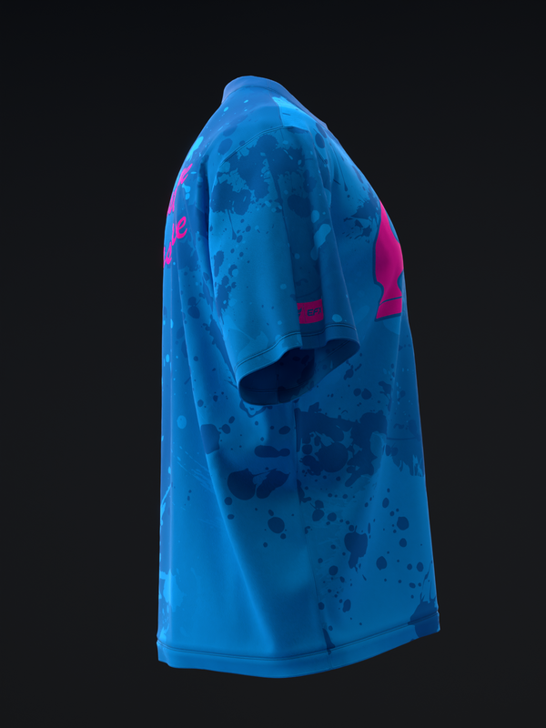 Blue bowling jersey with abstract splatter pattern and magenta accents, side view