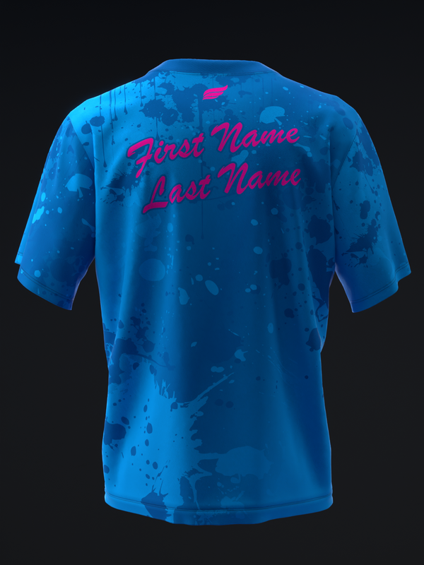 Bright blue bowling jersey back view with pink script name personalization and splatter pattern