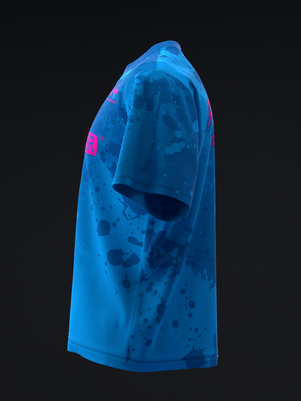 Bright blue bowling jersey with dark blue splatter pattern and pink shoulder accents