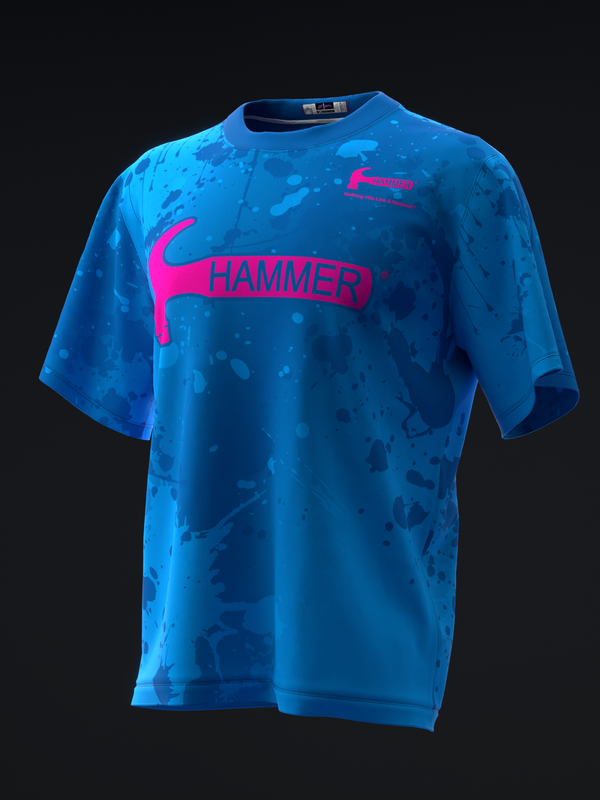 Bright blue bowling jersey with splatter pattern and magenta Hammer logo on front