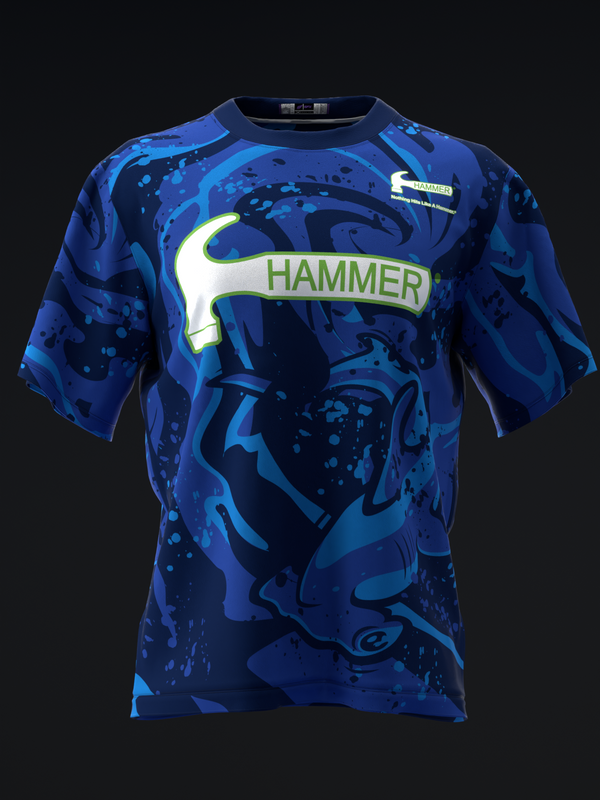 Blue bowling jersey with abstract hammerhead shark graphic and Hammer branding