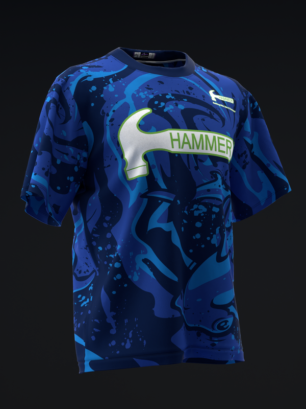Blue bowling jersey with abstract hammer and splatter pattern design, front view