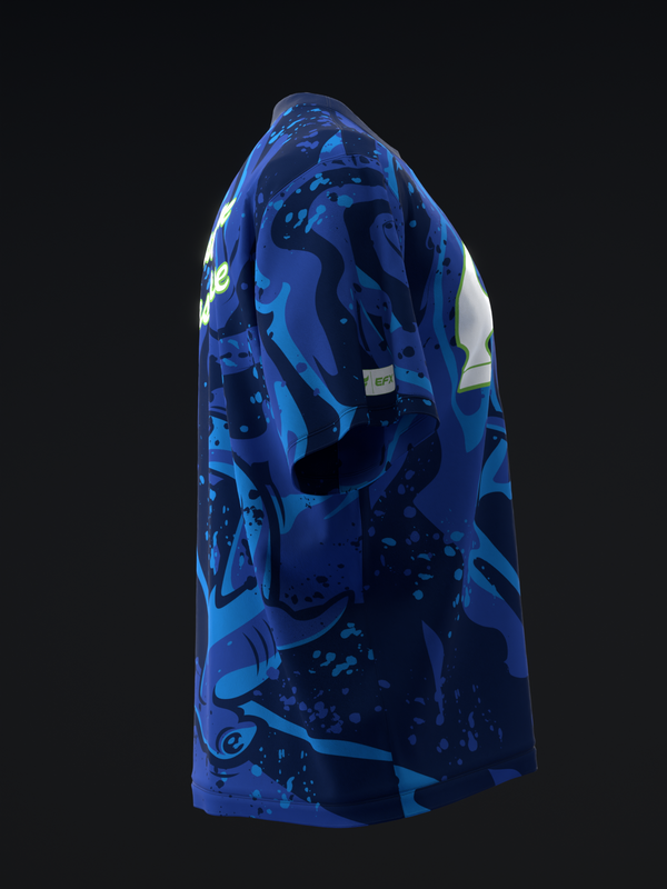 Blue bowling jersey with abstract geometric and splatter pattern design, side view