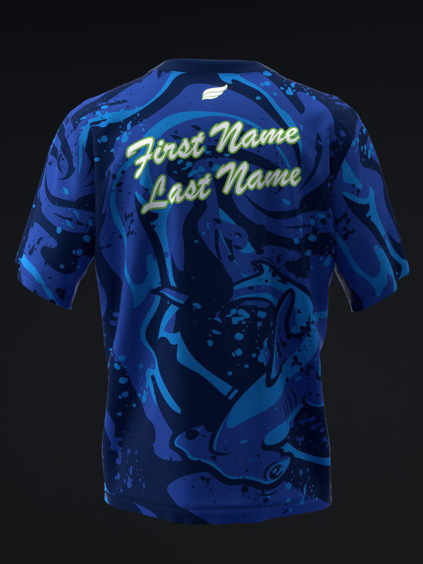 Blue bowling jersey with abstract hammerhead shark graphic and yellow name text on back