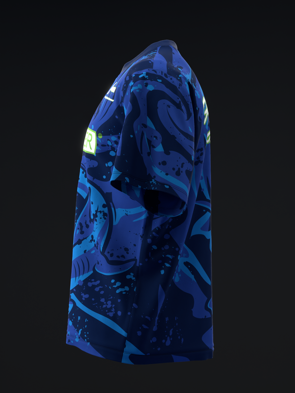 Blue bowling jersey with abstract shark and water pattern design, side view