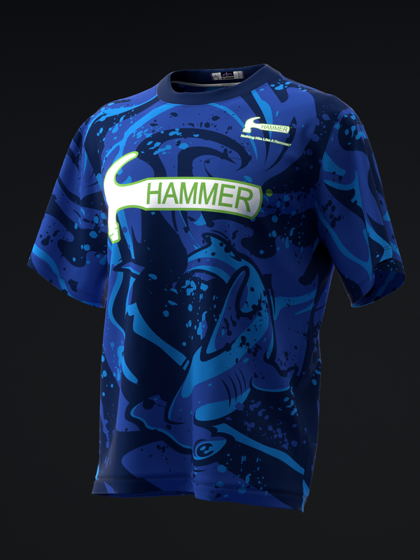 Blue bowling jersey with hammer logo and hammerhead shark graphic design
