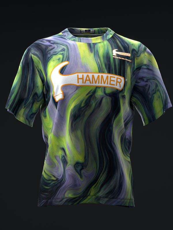 Front view of black bowling jersey with lime green and purple swirl pattern and Hammer logo