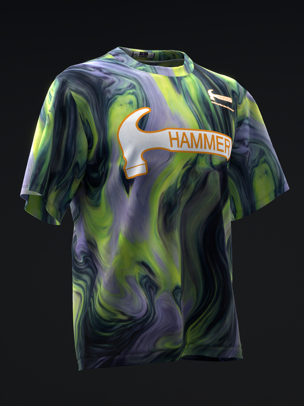 Black and lime green swirled bowling jersey with Hammer hammer logo graphic, front view