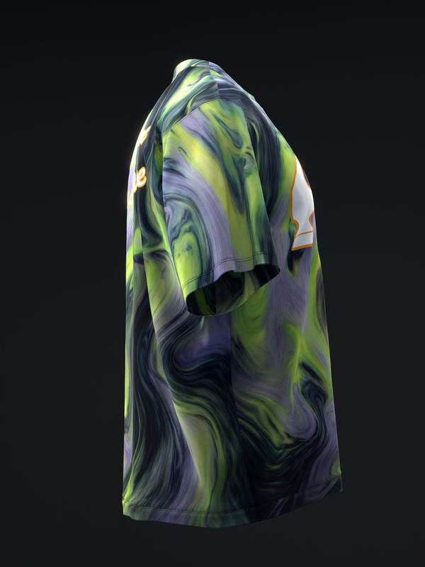 Bowling jersey with lime green and purple swirled marble pattern, side view