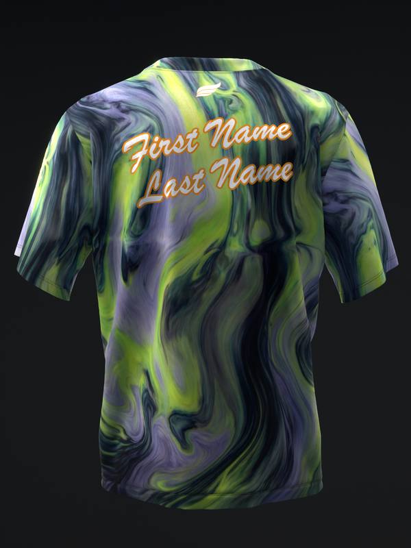 Bowling jersey back view with swirled lime and purple pattern, personalization text