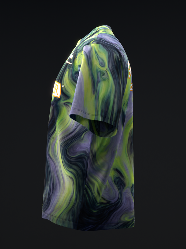 Bowling jersey with lime and purple swirled marble pattern, side view