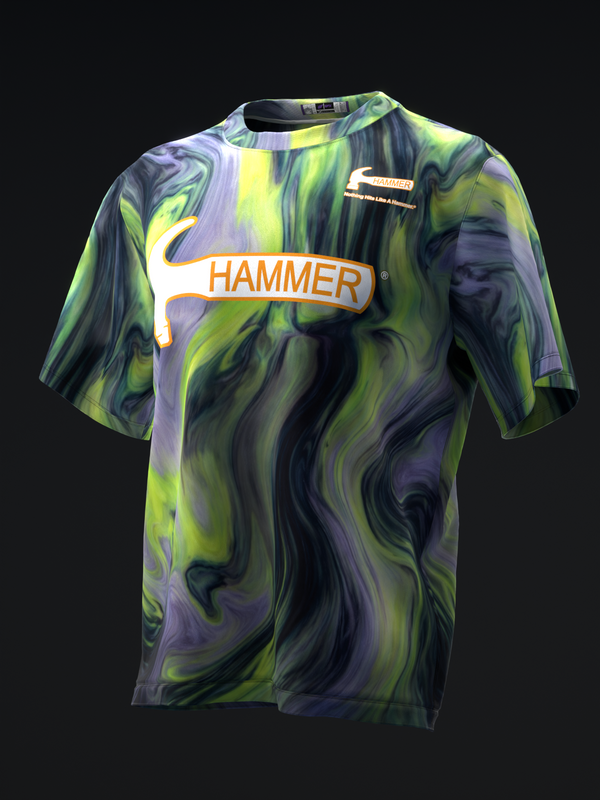 Bowling jersey with purple, green, and black swirled pattern and Hammer logo