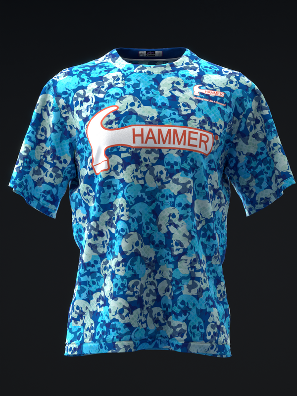 Blue camo bowling jersey with Hammer logo and orange accent stripe
