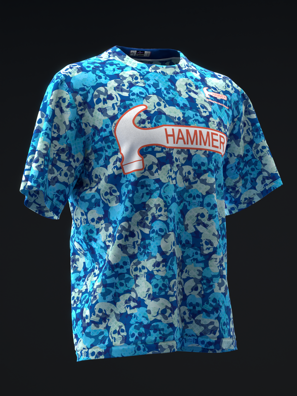 Blue camouflage bowling jersey with Hammer logo and text design front view