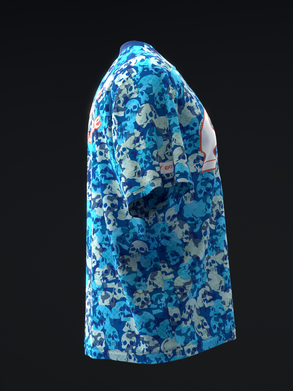Blue and white skull pattern bowling jersey, side view with white sleeve